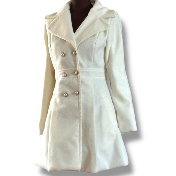 Women Coat, Elegant Cream Double-Breasted Fall Jacket, Christmas Coat, Winter - Picture 9 of 13